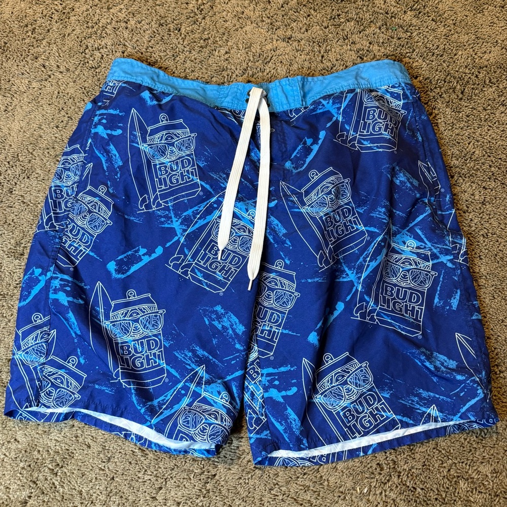 Bud Light blue Large Swim Trunks can with sunglasses and surfboard A113